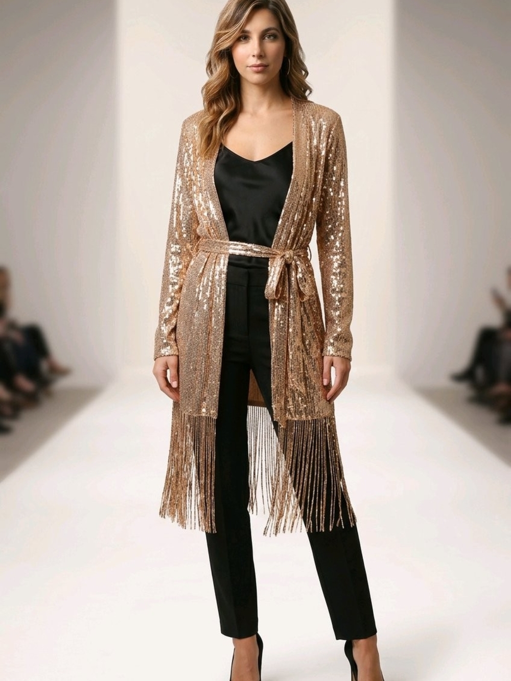 Fringe Sequin Longline Blazer in Rose Gold